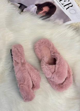 Тапки домашні вʼєтнамки капці шльопанці тапочки з відкритим носком  пухнасті теплі розові рожеві2 фото