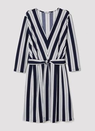 H&amp;m плаття синє біле смугасте з поясом із рукавом класичне базове