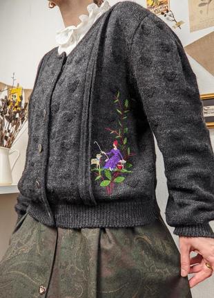 Кардиган винтажный с вышивкой кофта свитер серый на пуговицах xl xxl шерсть woolmark