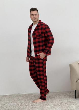Пижама мужская cosy из фланели (брюки+рубашка+футболка белая) клетка красно/черная