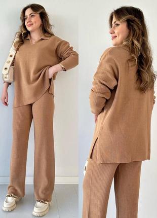 Костюм жіночий в'язка в'язаний теплий кофта светр із коміром та розрізами штани брюки широкі палаццо батал комплект