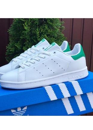 Кросівки-кеди жіночі демісезонні adidas stan smith адідас білі з зеленим весна/літо/осінь