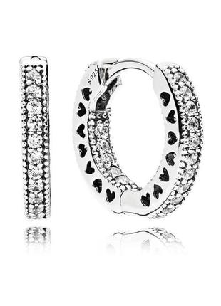 Серьги женские pandora серебряные s925 «сердца» с кубическим цирконом 1.2 см