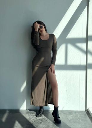 Платье миди в рубчик с разрезом сзади на завязках платья черная бежевая коричневая трикотажная базовая стильная трендовая