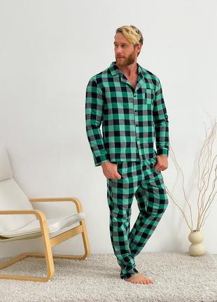 Пижама мужская cosy из фланели (брюки+рубашка) клетка зелено/черная