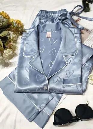 Піжамний комплект брючний з рубашкою пижама класична піжама атласна 9106