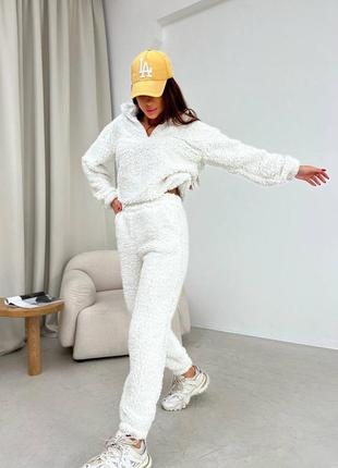 Женский теплый мягкий домашний пижамный костюм, мех тедди, брюки и кофта2 фото