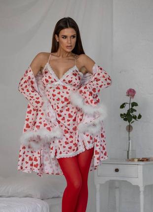 Піжамний шовковий костюм халат та нічна сорочка