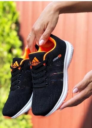 Кросівки жіночі демісезонні adidas neo адідас нео чорні з жовтогарячим сітка весна/літо/осінь