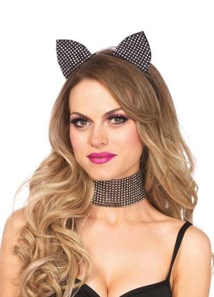 Набір кішечки зі стразами leg avenue cat ear headband&choker set, широкий чокер і вушка