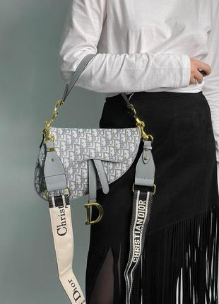 Жіноча сумка christian dior saddle bag gray oblique embroidery