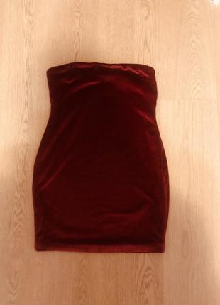 Сукня бандо оксамитова вишневого кольору на силіконовій смужці3 фото