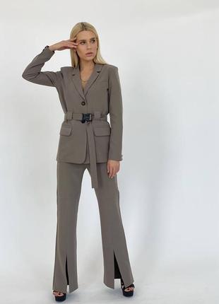 Распродажа 🏷 качество❗мокко брючный костюм комплект оверсайз пиджак на подкладке с поясом и брюки с разрезами внизу