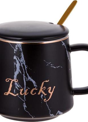 Кухоль порцеляновий "lucky" 400мл daymart   daymart з кришкою та ложечкою, чорний мармур