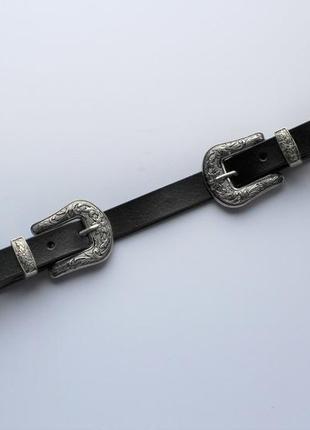 Женский кожаный ремень с двойной пряжкой черный2 фото