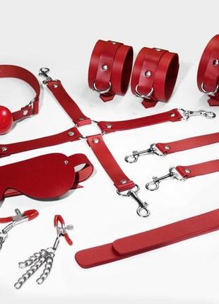 Набор feral feelings bdsm kit 7 red, наручники, поножи, коннектор, маска, паддл, кляп, зажимы