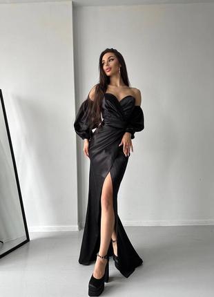 Невероятное роскошное платье со шлейфом черная и разрезом от бедра
