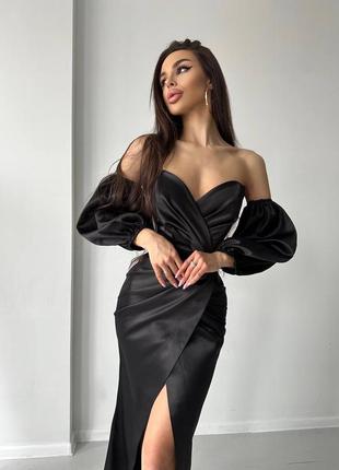 Невероятное роскошное платье со шлейфом черная и разрезом от бедра3 фото