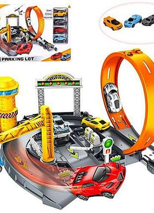 Дитячий автотрек hot wheels 24 деталі з машинками краном аксесуарами в подарунковій упаковці