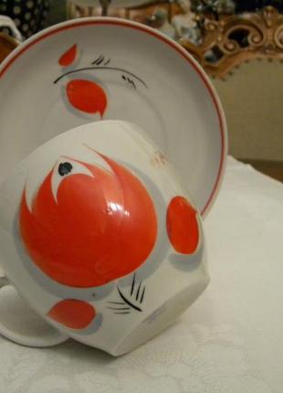 Чайная двойка с праздником фарфор ссср ручная роспись №113