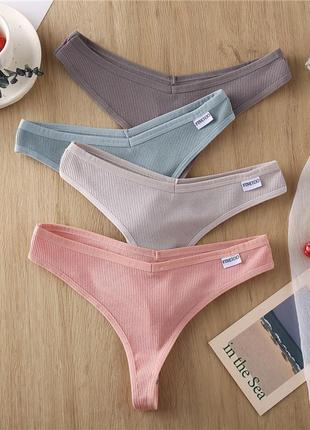 Трусики - стринги из хлопка, в рубчик, finetoo, с v - образной линией пояса размер l