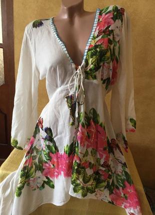 Ніжна невагома блуза у квіти індійський коттон / туніка сорочка накидка
