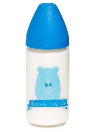 Пляшечка скляна, 240 мл, 3-позиційна соска, "смисл життя"/синій ведмідь