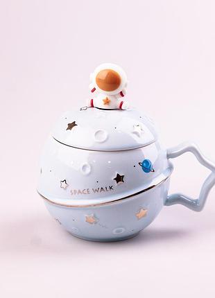 Чашка керамическая space walk 400мл с крышкой и ложкой голубой