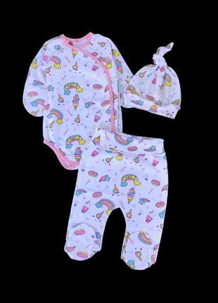 Комплект 3в1: боді з довгим рукавом, повзунки, шапочка «rainbow”, інтерлок  тм “yeeha” (боді з повзунками)