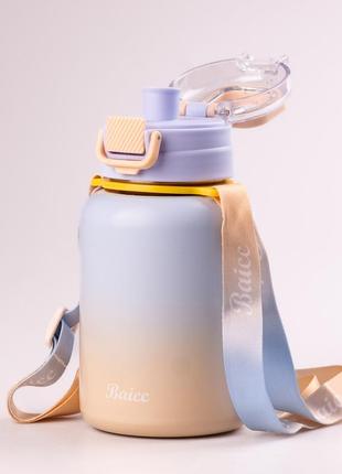 Термос с поилкой 600 мл с металлической колбой и ремешком голубой