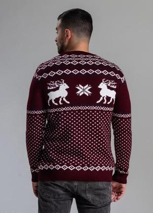 Mужской новогодний теплый cвитер с оленями без подворота горла, зимний вязаный шерстяной свитер бордовый3 фото