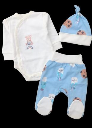 Комплект 3в1: боді з довгим рукавом, повзунки, шапочка "принт", футер тм "happy tot" (боді з повзунками)