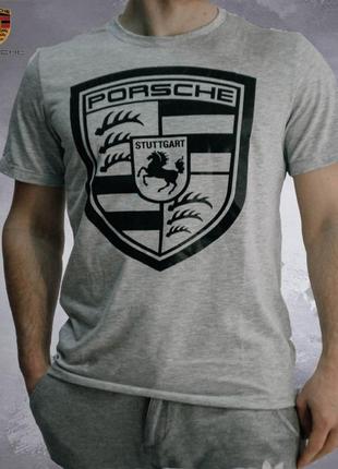 Стильна молодіжна чоловіча спортивна футболка porsche design з принтом, бавовна. туреччина. сірий1 фото