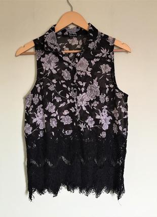 Шифоновая блуза tally weijl с кружевом в цветочный принт черно-белая m/l как zara1 фото