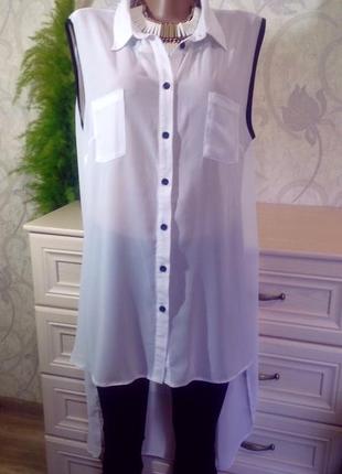 Белая удлиненная блуза рубашка накидка без рукавов шифон размер16 select1 фото