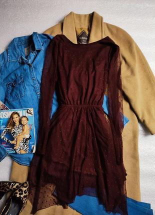 New look платье в горошек с длинным рукавом бордо бордовое винное ассиметрия бургунди3 фото