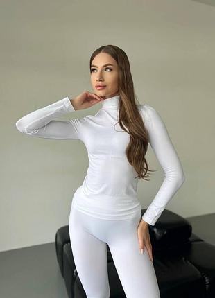 Бесшовный базовый женский комплект однотонный c микрофибры (водолазка и лосины плотные без пуш-ап) - белый3 фото