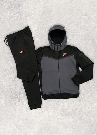 Мужской зимний теплый спортивный костюм флисовый nike tech fleece серый с черным на флисе s-xxl найк теч флис зима