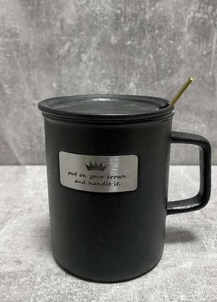 Чашка з кришкою і ложкою чорна порцелянова 400 мл stenson r29537
