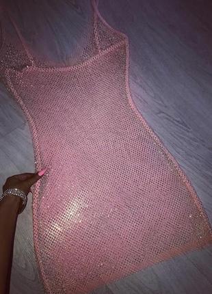 Роскошная люкс сеточка сетка платье камни стразы мини бежевая розовая3 фото