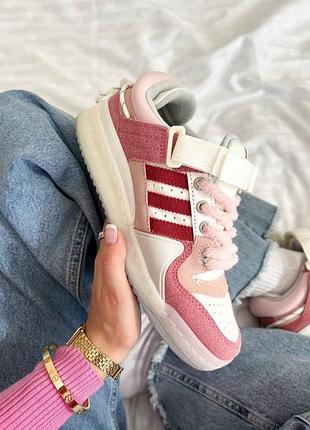 Розкішні жіночі кросівки adidas forum low x bad bunny white pink рожеві