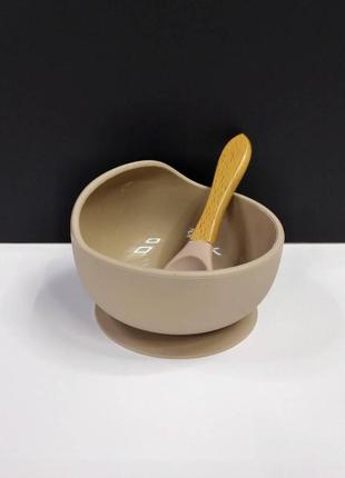 Силіконова миска та ложка a-plus для дитини набір 2 в 1 для прикорму бежевий 2207