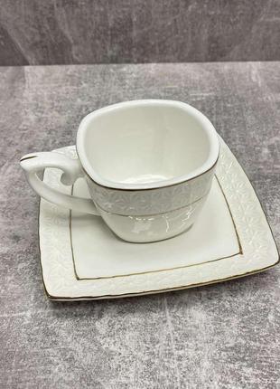 Чашка с блюдцем квадратная 90 мл фарфоровая белая снежная королева interos 507006-a3 фото