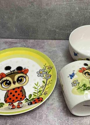 Набір порцелянового дитячого посуду ardesto lucky owl 3 предмети ar3454ls