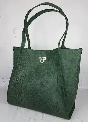Сумка женская "лола" натуральная кожа, зеленая crazy horse под крокодила