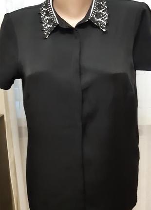 Чорна Блузка з коміром ажурним1 фото