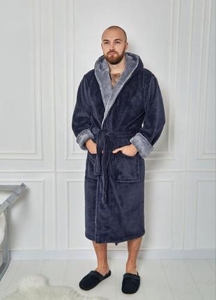 Чоловічий теплий махровий халат із капюшоном 4002 темно-сірий