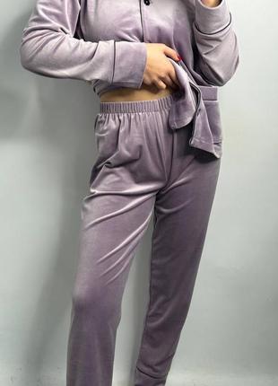 Ліловий велюровий плюшевий костюм домашній піжама штани та сорочка7 фото