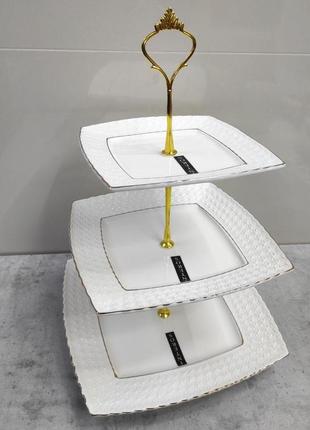 Фруктовниця порцелянова біла 3-ярусна снігова королева interos 0128-a