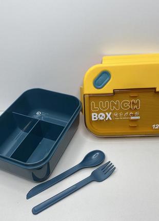 Ланчбокс пластиковий зі столовим приладдям із трьома відділами a-plus 2221 pb темно-бірюзовий з жовтим